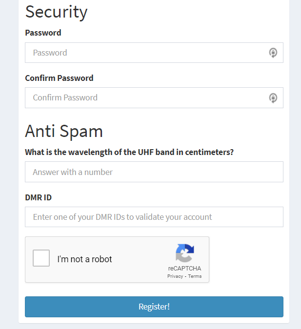Security Section of the Registration Screen.
